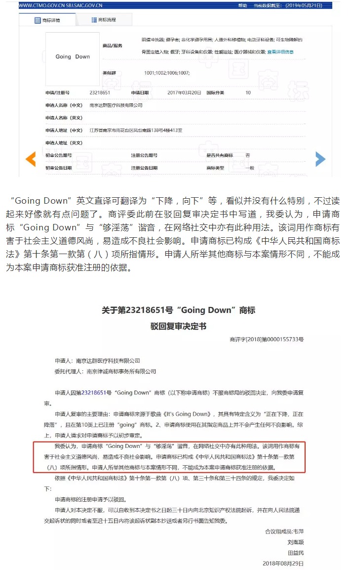 “GoingDown”夠淫蕩商標(biāo)復(fù)審案一審判決書（全文）